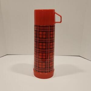 Aladdin Red Plaid Plastic Thermos with Cup 10 Inch